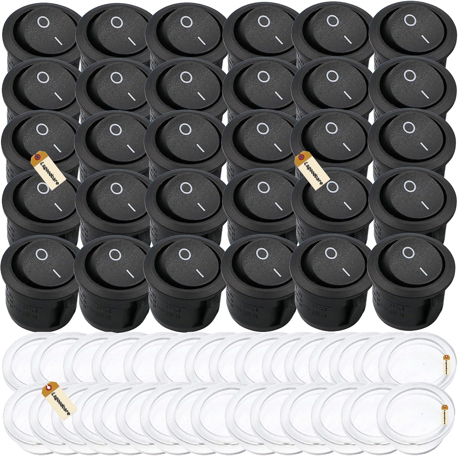 Lsgoodcare 30PCS Round Type Switch Black AC 6A 250V 10A 125V 2 Pin ON/Off I/O SPST Snap in Mini Boat Rocker Switch with 30Pcs Waterproof Cap (Black)