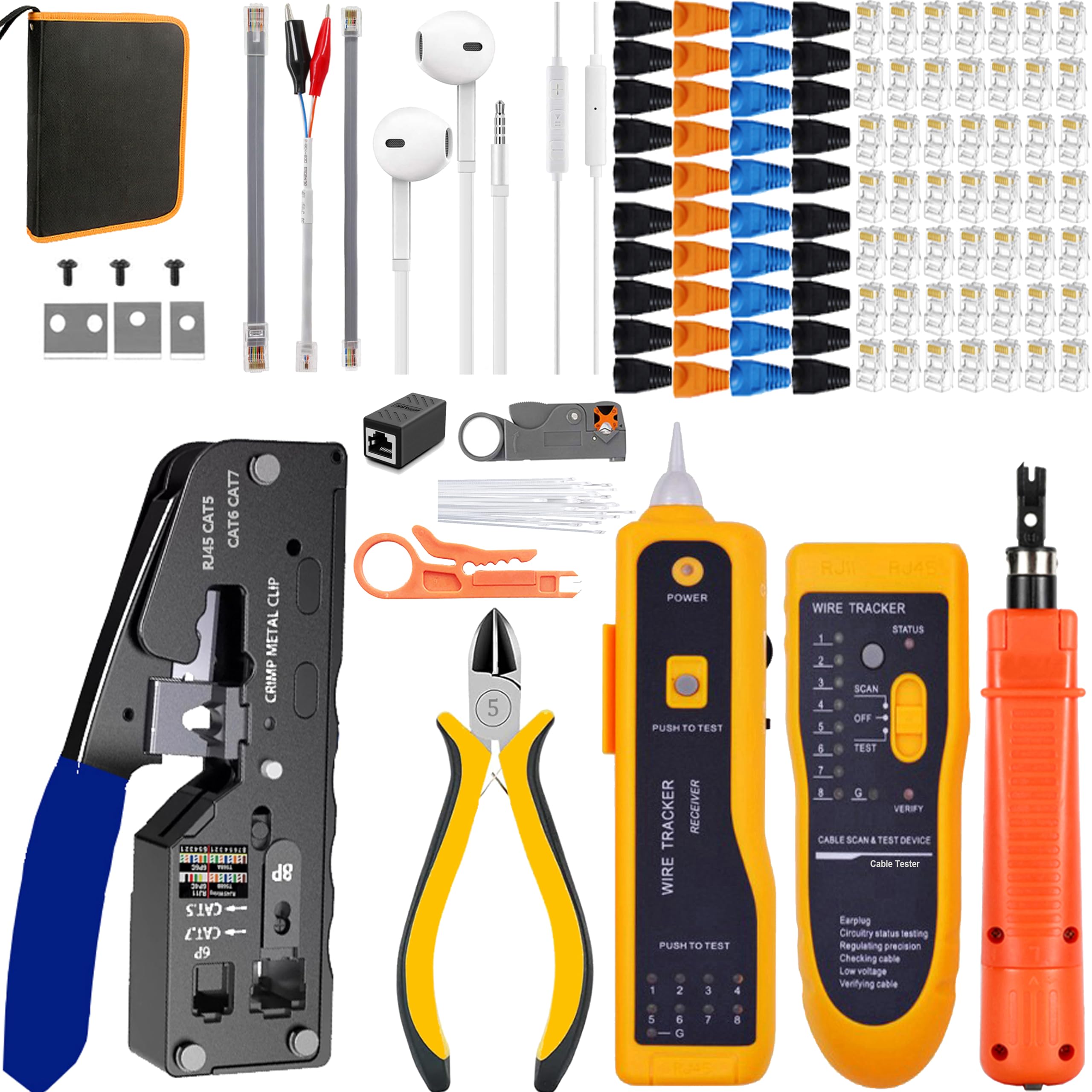 LEATBUY - Juego de herramientas de crimpado RJ45 Cat5/Cat5e/Cat6 para paso RJ11/RJ12 para paso final regular con 50 conectores, 50 cubiertas kit pelacables de red (azul)