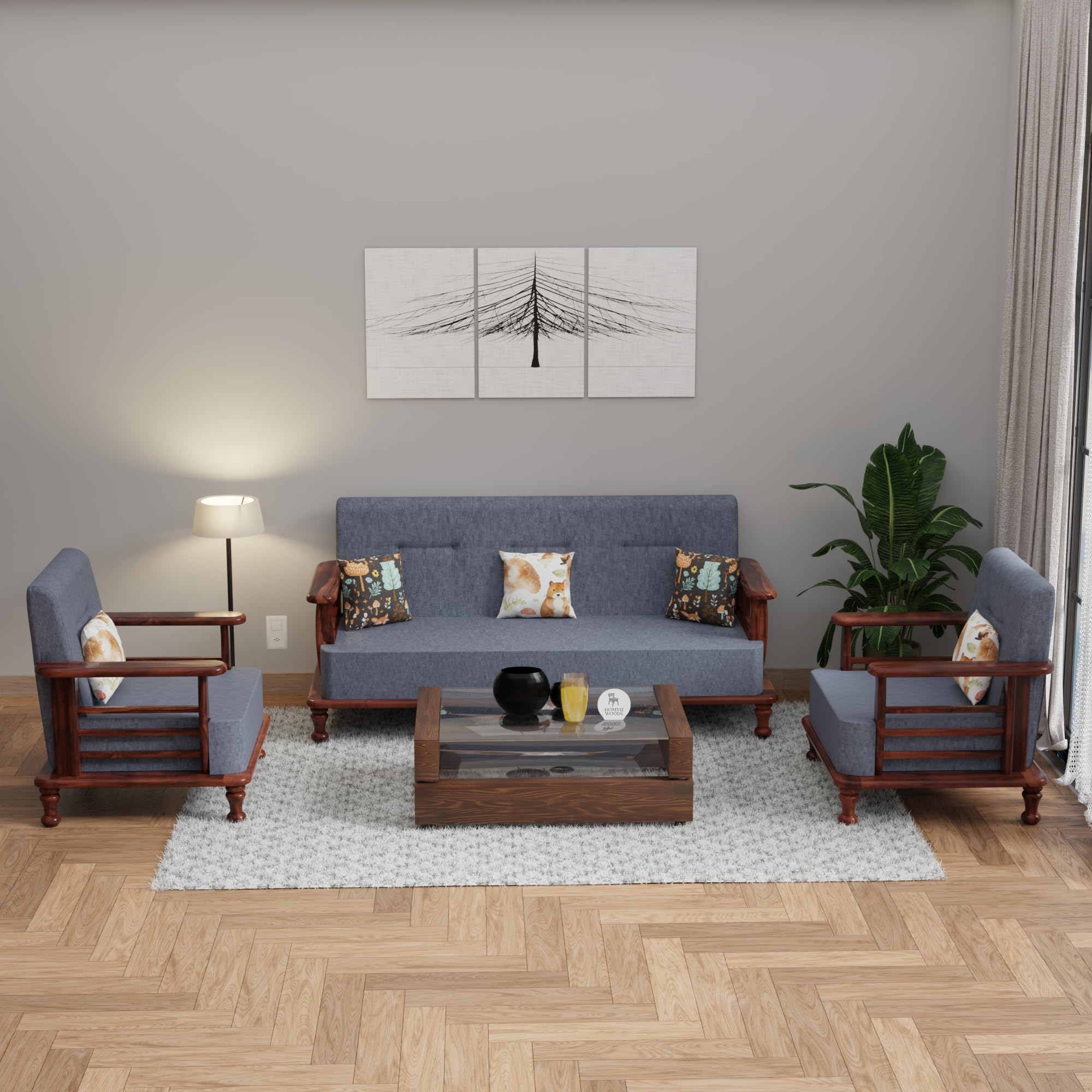 Homyie Woods Sheesham Wood Living Room Sofa Set, Solid Wood Furniture 5 Seater (Grey, 5 Seater)-image-12