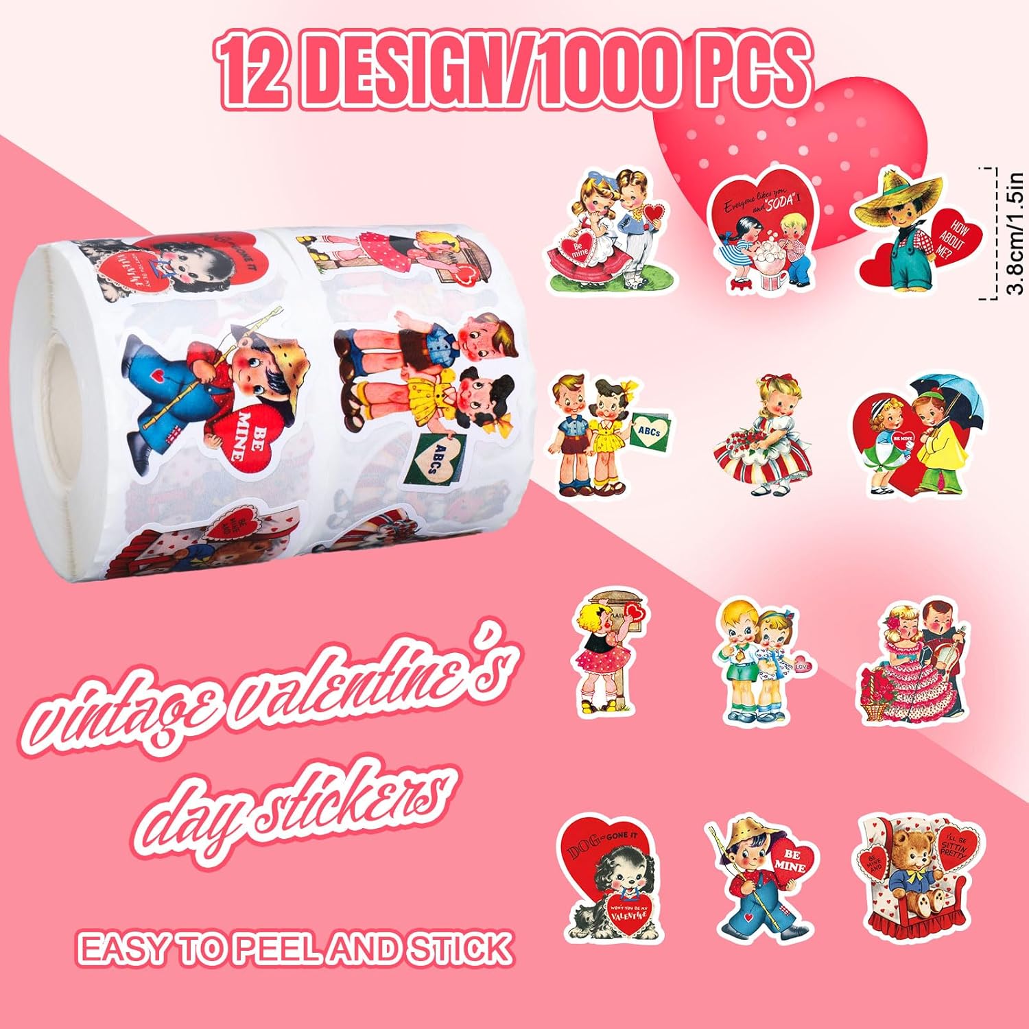 Whaline 1000Pcs Vintage Valentine's Day Stickers Roll Retro Heart Boy Girl Self-Adhesive Sticker Decals for Wedding Anniversary Scrapbook Journal Card, 12 Design