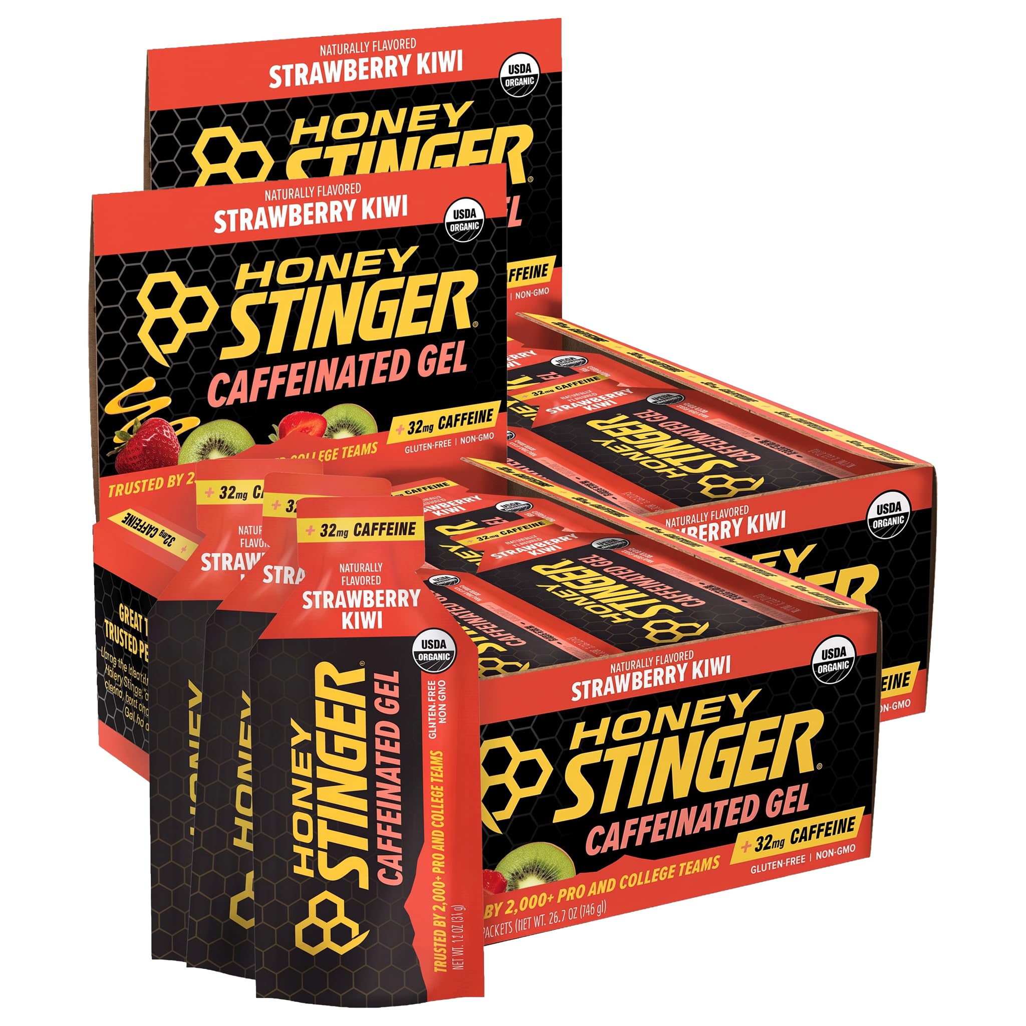 Honey Stinger Strawberry Kiwi Energy Gel,Caffeinated &amp; Gluten Free with Organic Honey,for Exercise,Running and Performance,Sports Nutrition for Home &amp; Gym,Pre and Mid Workout,(Pack of 48)