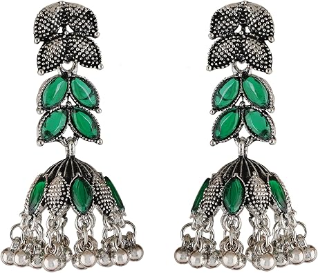 Jwellmart Stone Choker Oxidised Silver Necklace with Drop Jhumka Earrings Tikka Tika Indian Traditional Bollywood Asthetic Jewelry Set for Women