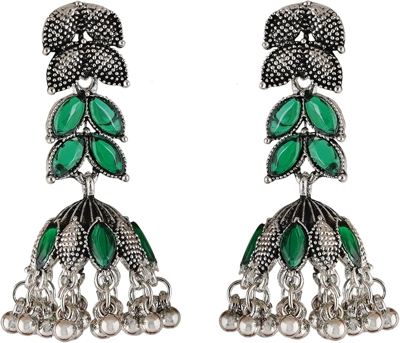 Jwellmart Stone Choker Oxidised Silver Necklace with Drop Jhumka Earrings Tikka Tika Indian Traditional Bollywood Asthetic Jewelry Set for Women