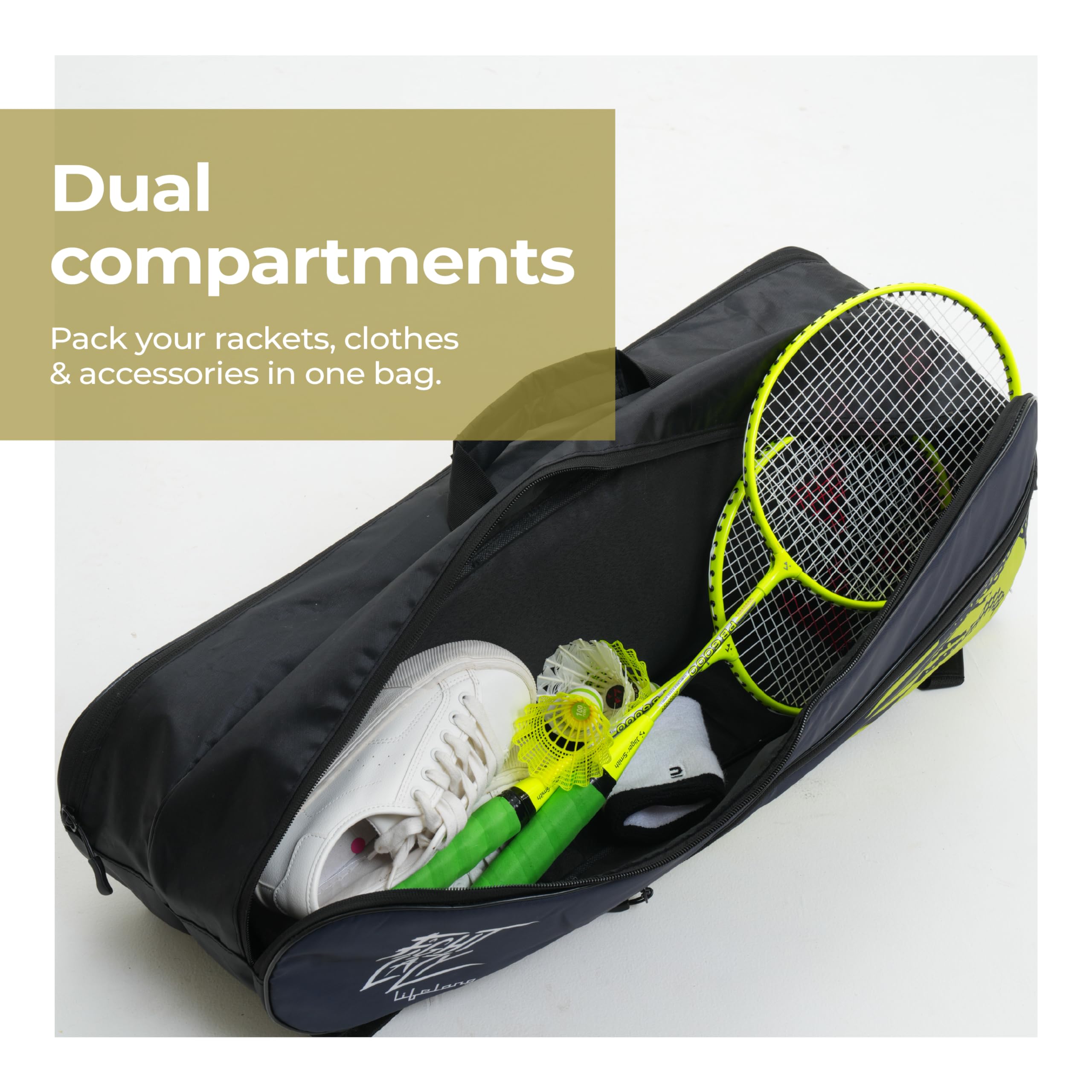 Lifelong Polyester Badminton Kit Bag for Men & Women | Dual Compartment, Personal Care Pouch | Water-Resistant, Soft Pads, Adjustable Strap | for Badminton, Gym & Outdoor Use (Black & Green)