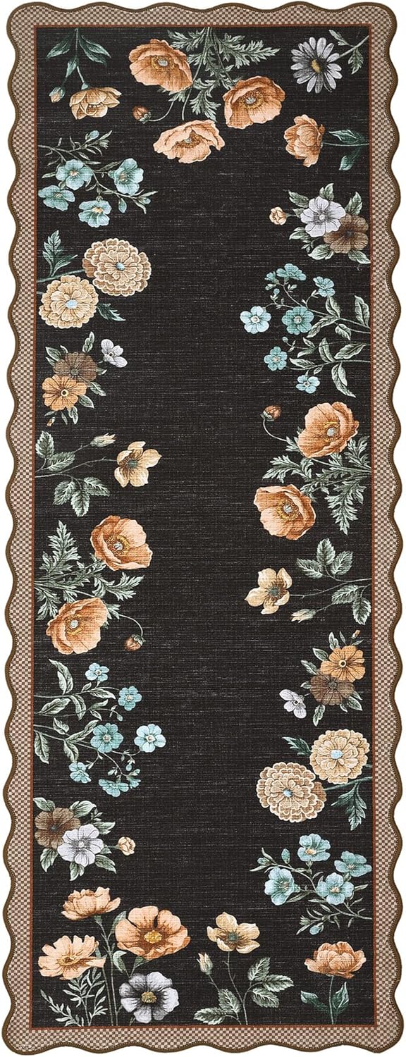 GarveeHome Floral Scalloped Kitchen Runner Rug, 2.5x8 Washable Hallway Runner Non-Slip, Soft Print Laundry Room Rug Low-Pile Stain Resistant Boho Carpet for Bathroom Bedroom Dorm, Black