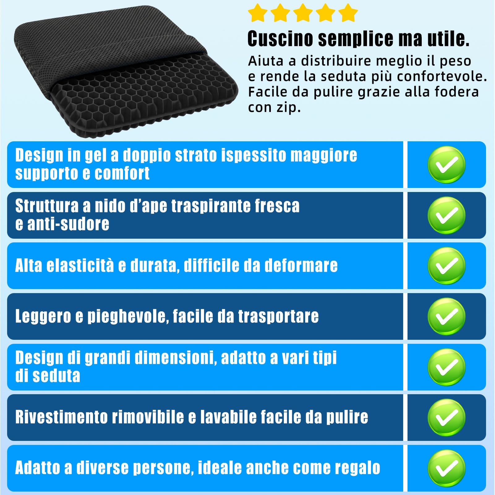 Cuscino per Sedia da Ufficio,Cuscino in Gel,Cuscino Antidecubito,a Nido d’ape-Antiscivolo,Traspirante e con Fodera Rimovibile,Adatto per Sedie da Ufficio,Sedili Auto e Sedie da Casa (nero, 40*36*3.5)