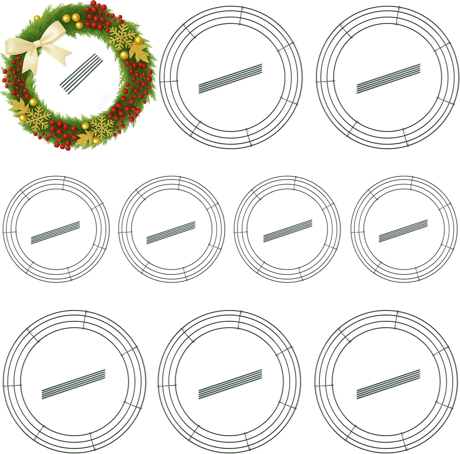 10-Pack 14 Inch Wire Wreath Frame – Round Metal Wreath Form with Ring Design for DIY Crafts, Floral Projects, and Home Decor – Dark Green Wire Frame for Christmas Holiday & Weddings