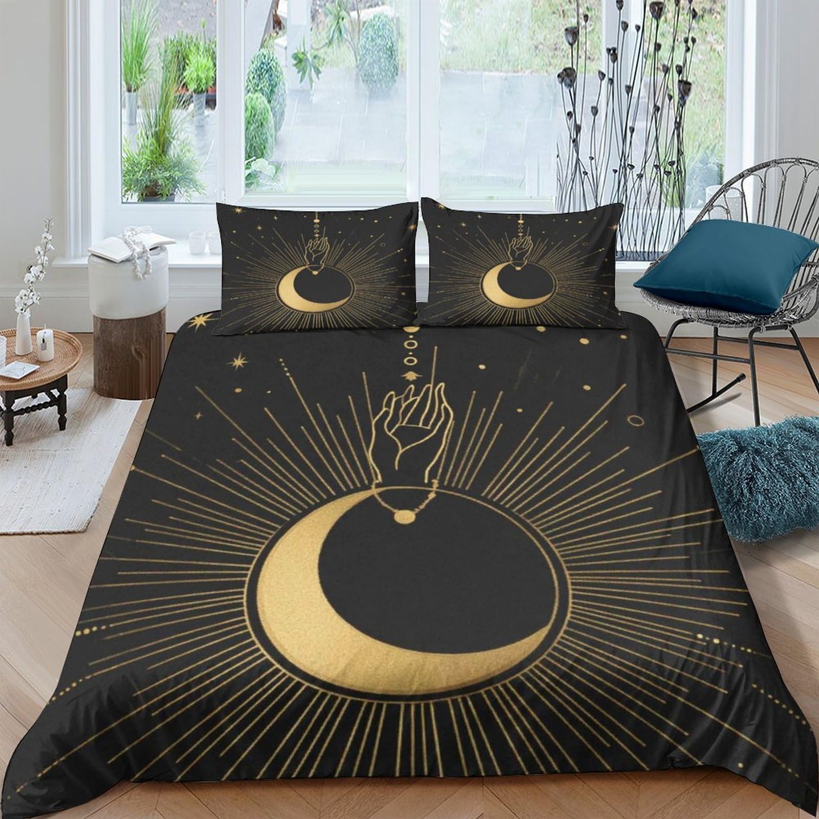 Ctjqhvkz Style-4 3D Printed Mystic Moon Fitted Sheet Microfiber Soft Black Gold Celestial Hand Mattress Cover For Bedroom Dorm Decor Single（135X200cm）
