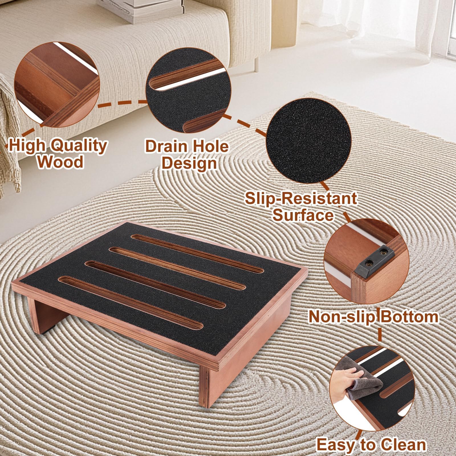 YAYODS Marchepied en Bois Couleur Noyer 40x32x10,5cm - Tabouret de Marche Robuste Supportant jusqu'à 200 kg - Escabeau Fixe avec Surface Antidérapante pour Personnes Âgées, Maison et Caravane