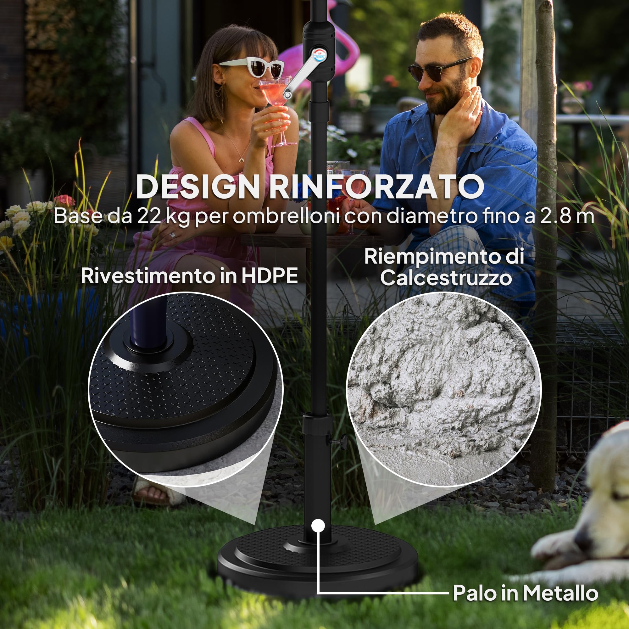 Outsunny Base per Ombrellone da 22 kg per Ombrelloni Max. Ø2.8 m, Nero | Basamento Rotondo, Pali da Ø38 mm o Ø48 mm