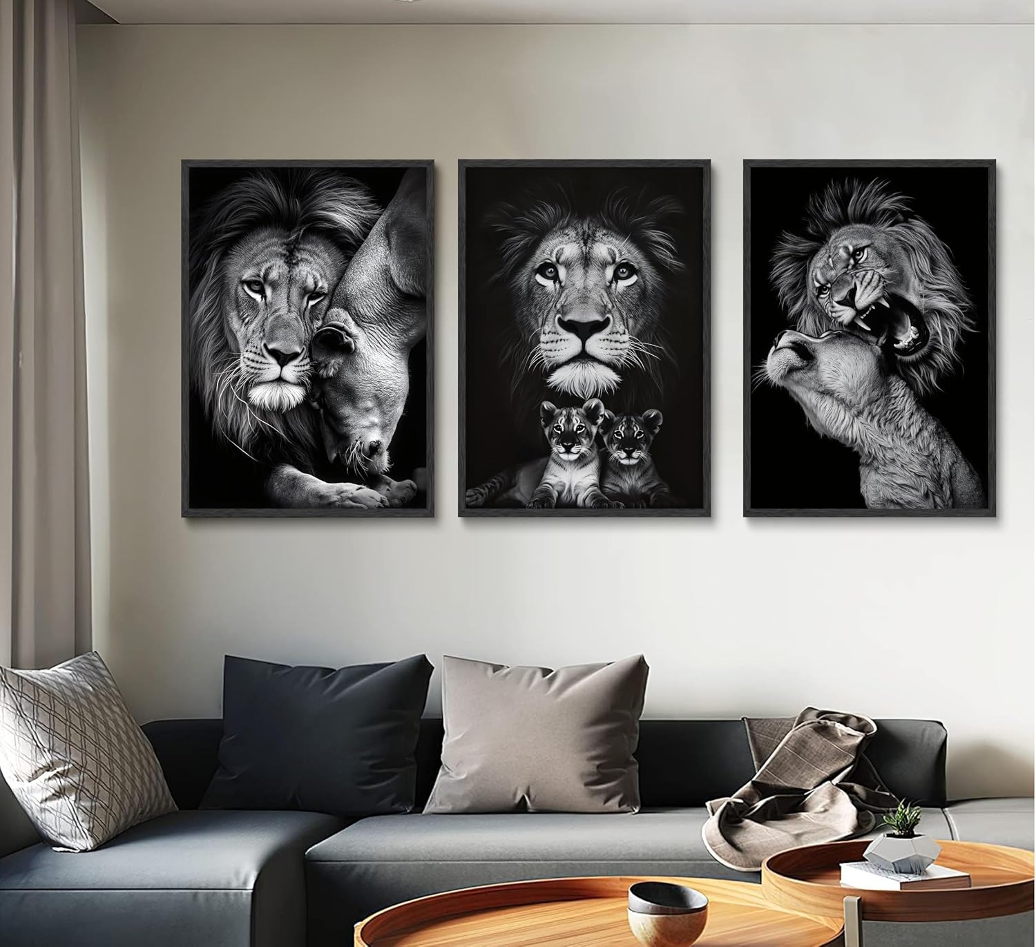 YCXDMJ 3pcs Black and White Lion Family Triptych Wall Art Canvas Paintings | Animal Posters Prints Pictures for Wall Decor, Modern Wildlife Art, Unframed Decoration for Bedroom Living Room Office