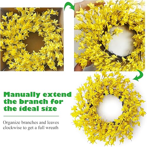 Miniatura 5 de Corona amarilla de Forsythia para puerta de Huashen de 24 pulgadas, corona de verano para puerta delantera, racimo de flores, corona de granja en