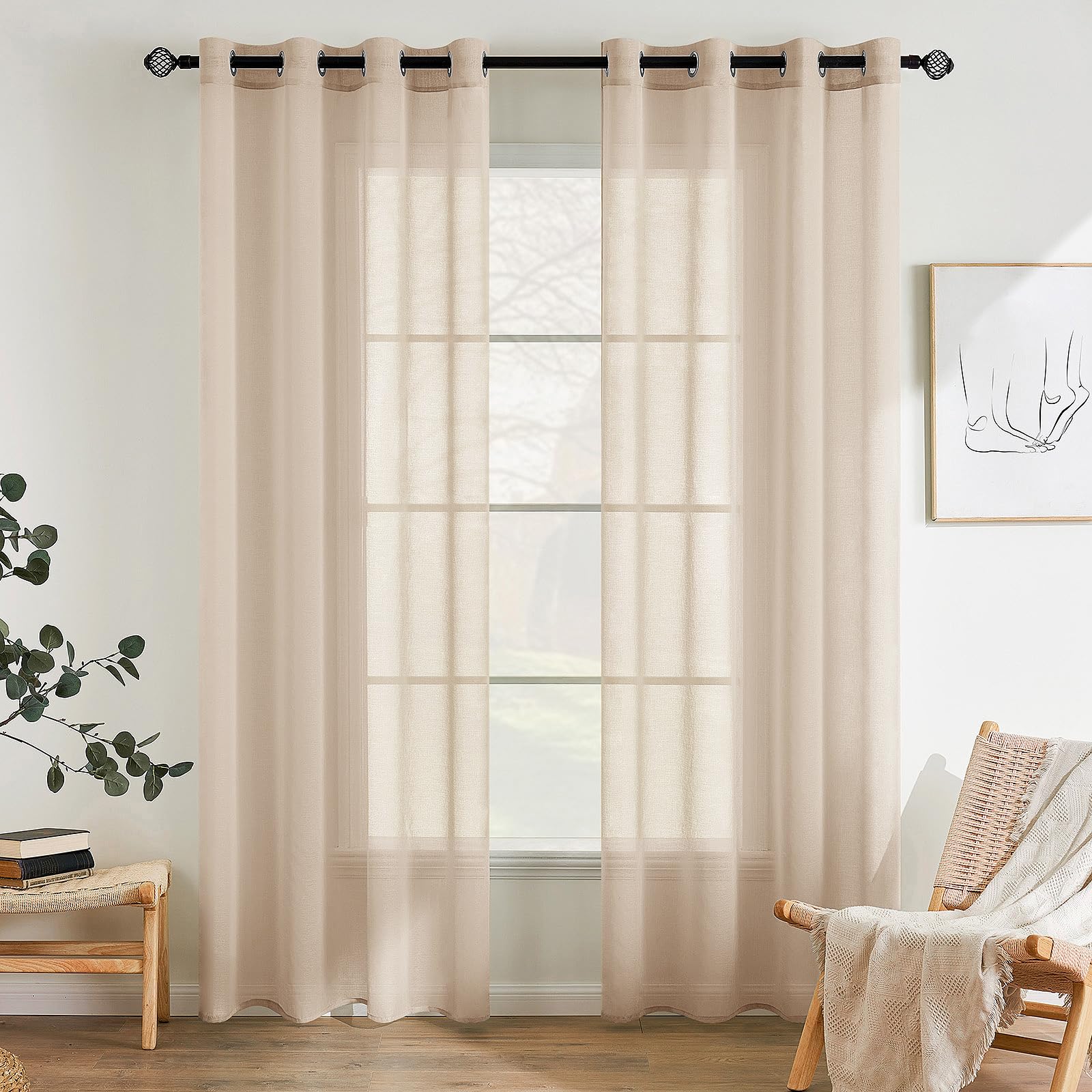 EMEMA 2er Set Sheer Voile Vorhang mit Ösen Transparente Gardine aus Voile Polyester Ösenschal Transparent Wohnzimmer Luftig Dekoschal für Schlafzimmer 140 X 245 cm (B x H) Beige