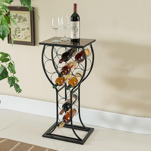 Kings Brand Furniture Metal with Marble Finish Top Wine Storage Organizer Display Rack Table, Black, 15 in x 12 in x 33 in