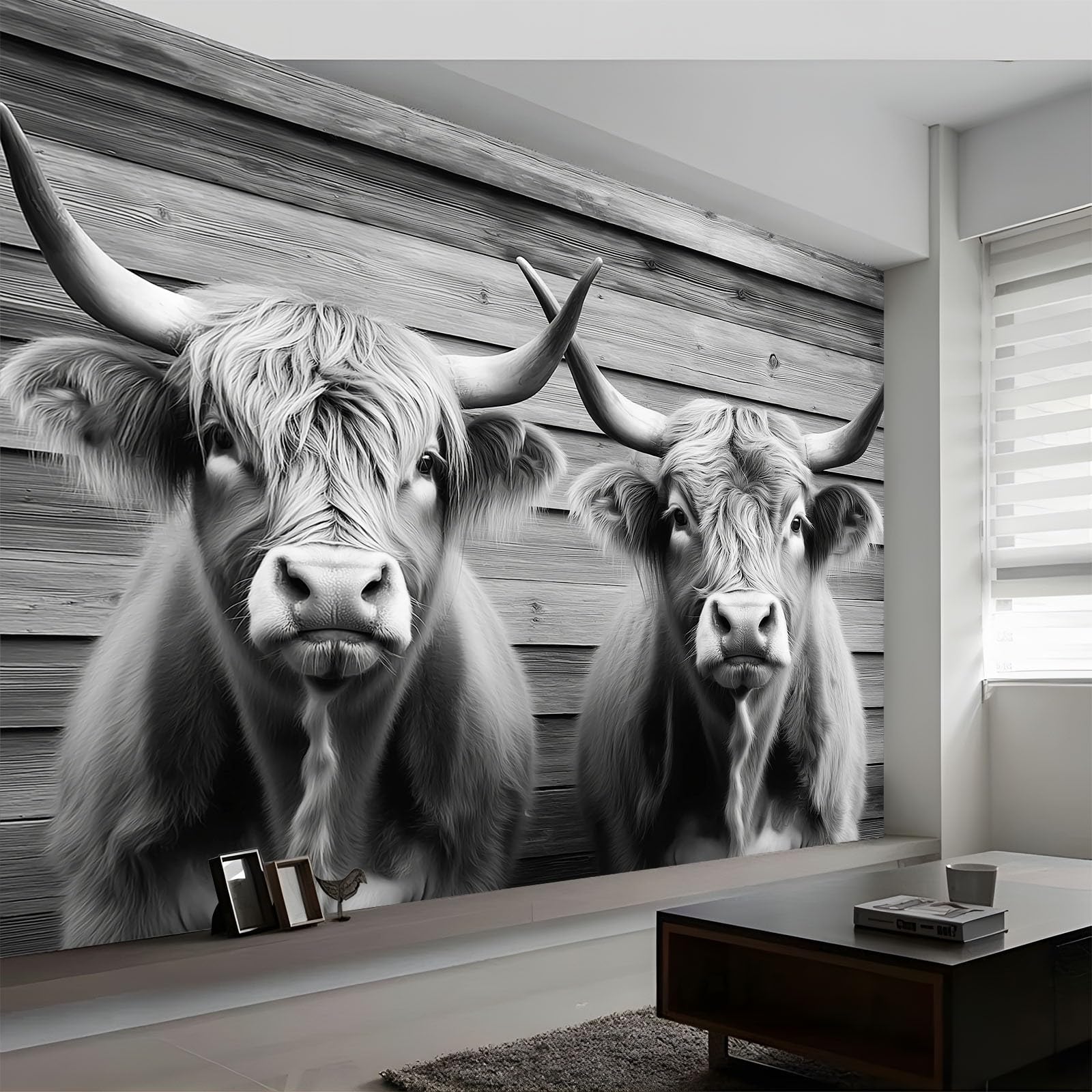 400 x 280 cm, tapeta z włókniny, efekt 3D, obszar wiejski, zwierzęta, bydło, różne fototapety, tapety do salonu, sypialni, tapeta ścienna, szara