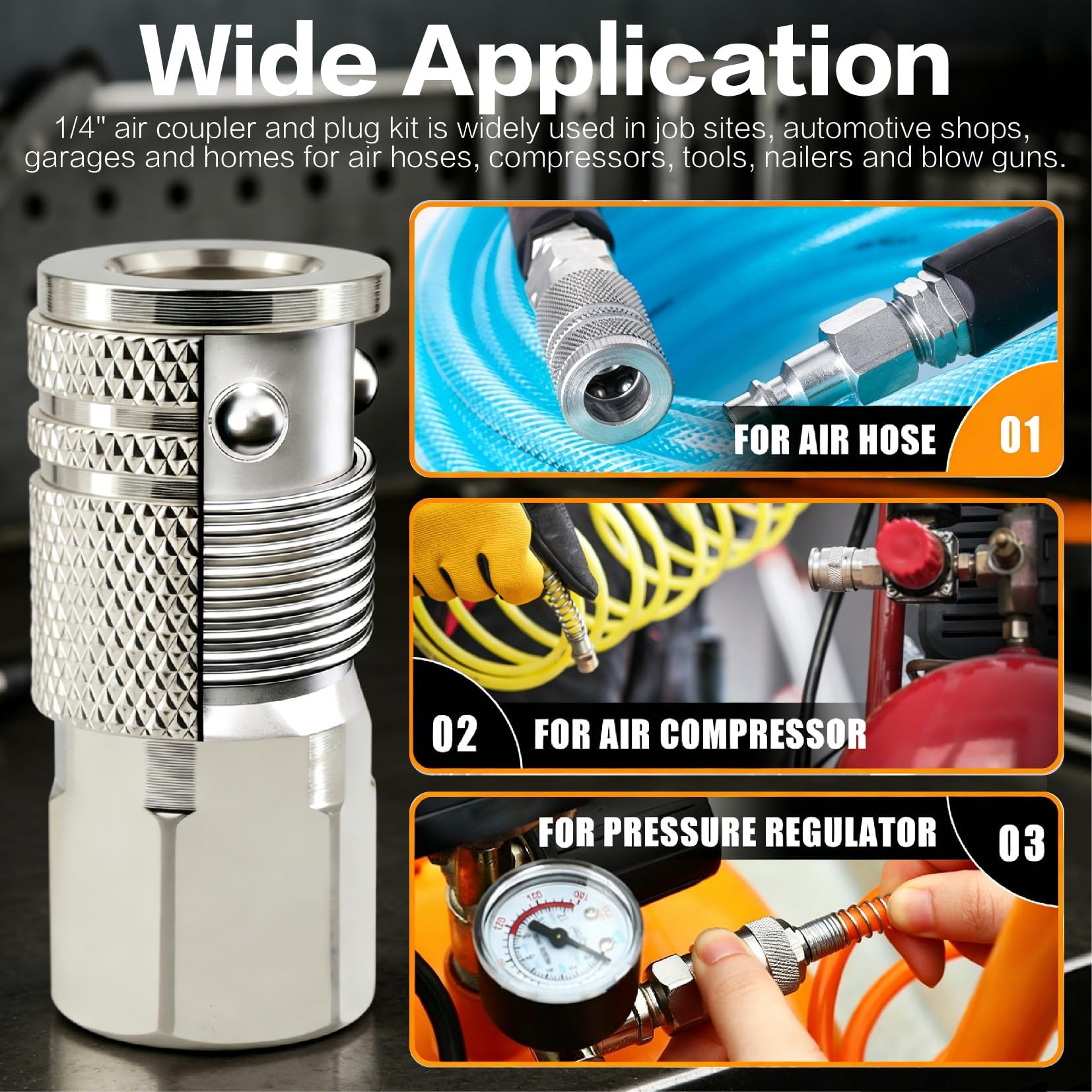 Kit de accesorios de aire universales NPT de conexión rápida de 48 piezas de 1/4 pulgadas | Niquelado con giro de 360° y sellador preaplicado | Incluye 14 enchufes, 4 acopladores y adaptadores para
