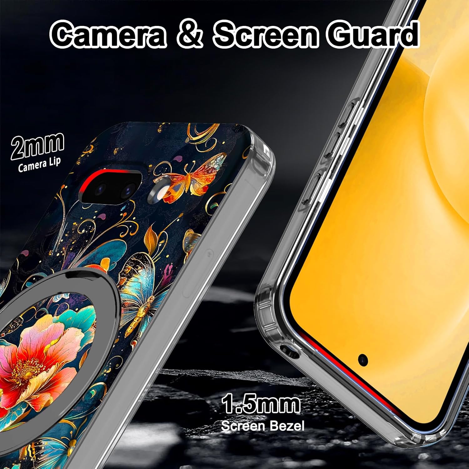 for Google Pixel 10a Case,[Compatible with MagSafe][Magnetic Invisible Ring Stand],Floral Shockproof Protective Slim Women Girl Case for Google Pixel 10A 6.3 inch,Black Flower