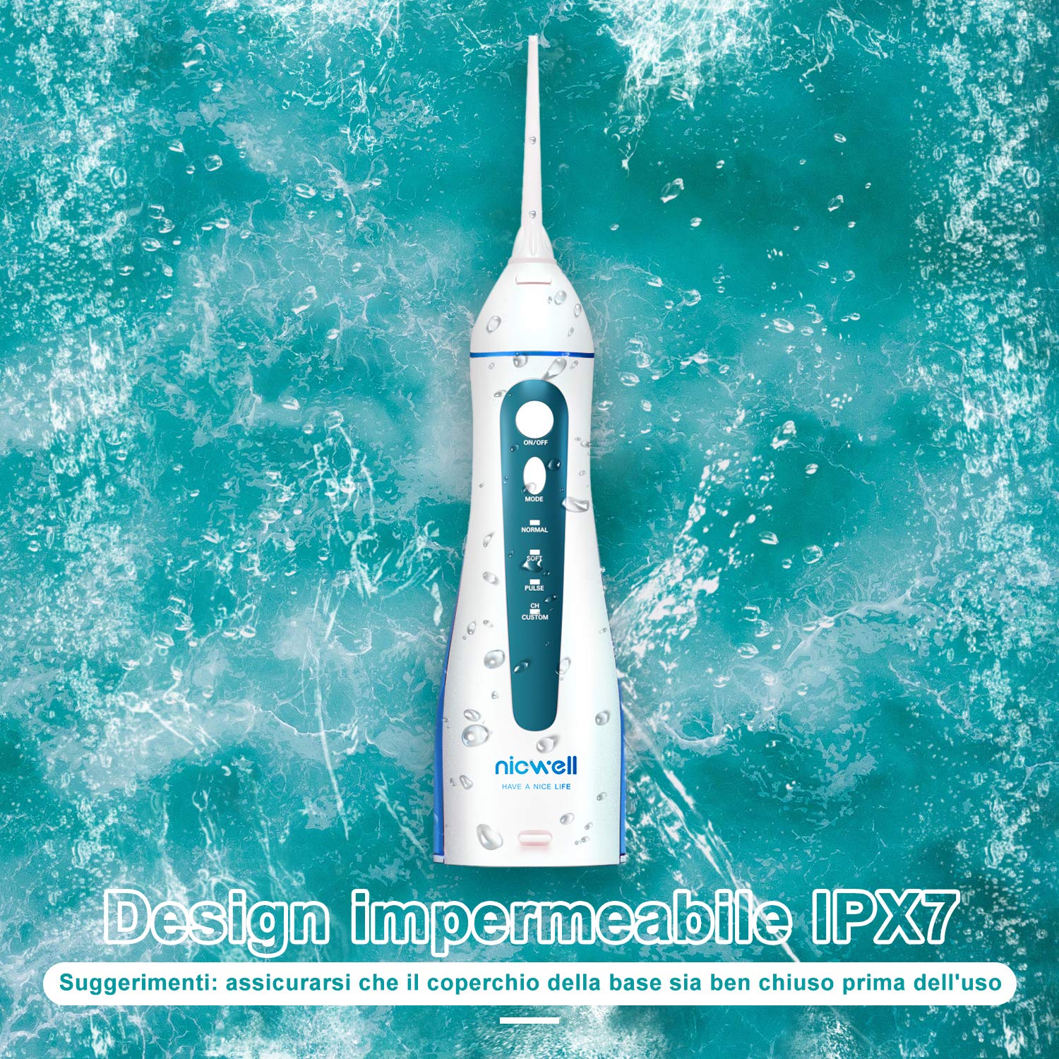 Idropulsore Dentale Portatile, Irrigatore Orale Professionale 4 Modalità e 5 Ugelli di Ricambio con rotazione di 360 °, Ricaricabile USB, IPX7 Impermeabile, Adatto a viaggio e a casa