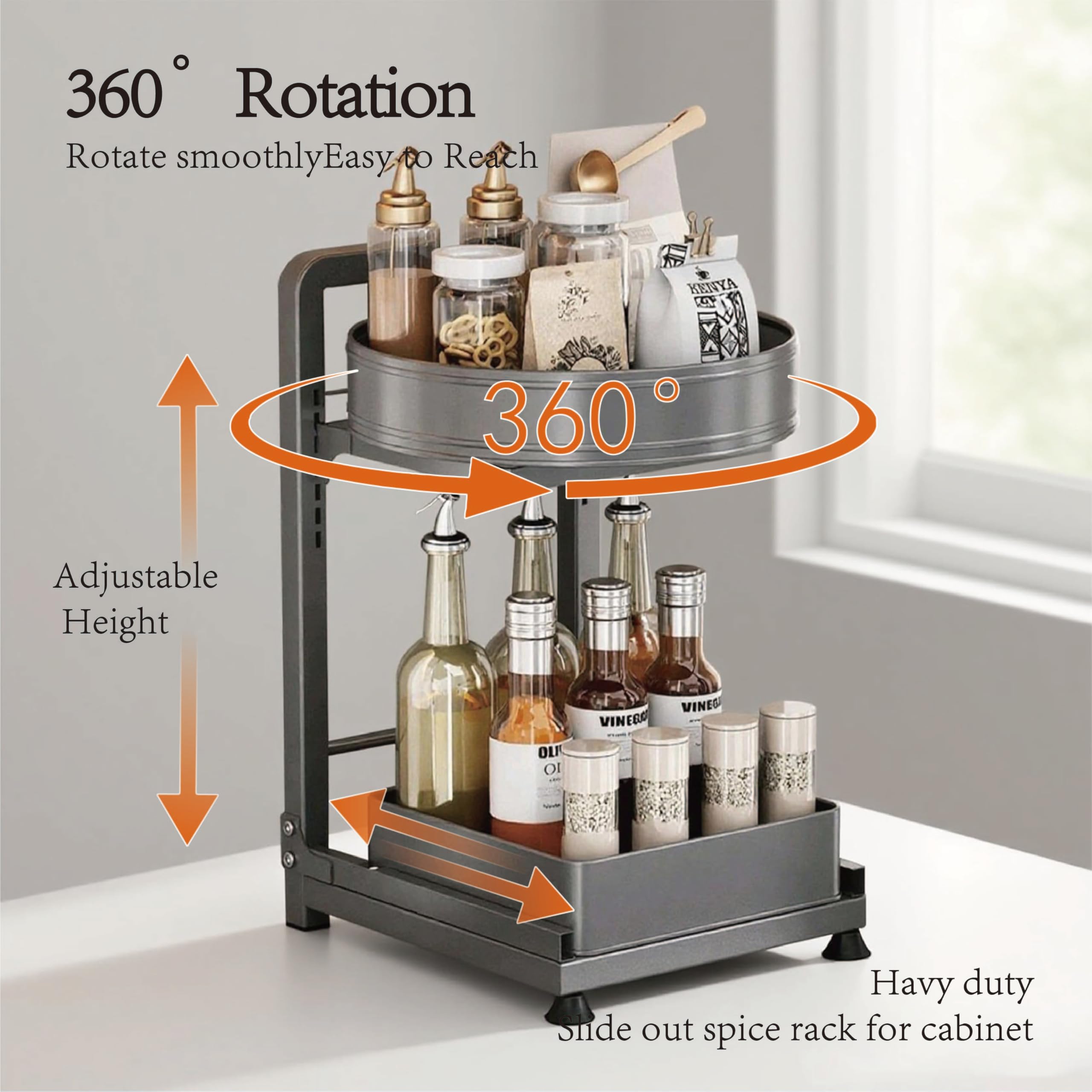 Organizador de cocina, Especiero Giratorio 360°, Estantería de Extraíbles para Armario, hecho de acero al carbono ， Especiero Adecuado Para El Hogar Y La Cocina (Negro-2)