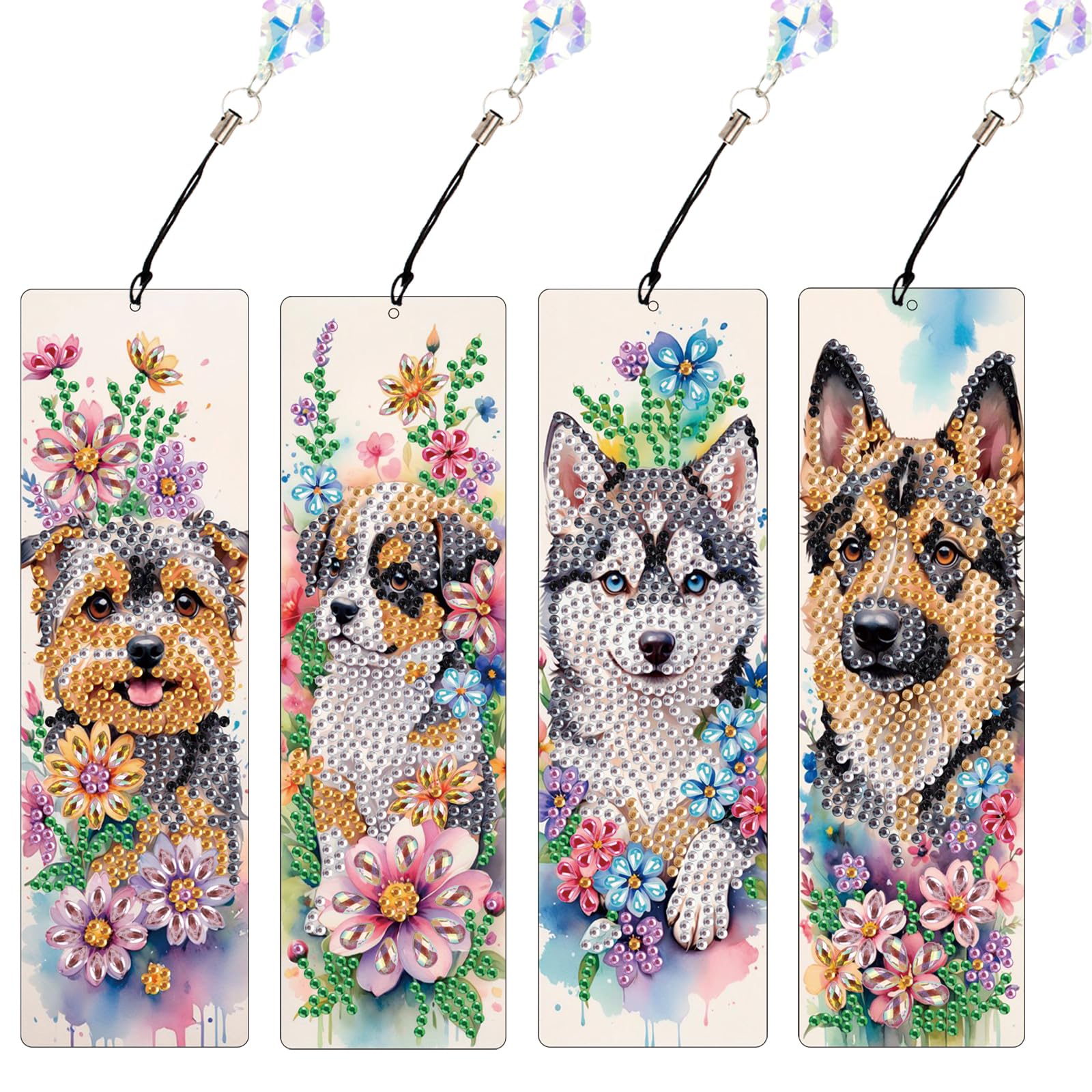JISHSHAY 4 PCS Diamond Art Bookmarks Diamond Painting Book Marks Gem Art Bookmarkers Gem Painting Book Markers Mosaic Kits for Adults Special Shaped Drills with Crystal Pendants Dog Flower