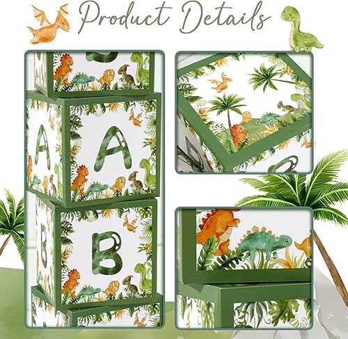 Miniatura 4 de Caja de decoración de dinosaurio para baby shower, cajas de bebé de dinosaurio verde de la selva para niños, cajas de fiesta de cumpleaños de