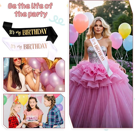It's My Birthday Sash 2 Packs Birthday Sash for Women Black and White Happy Birthday Sash for Girls Boys Birthday Party Gifts