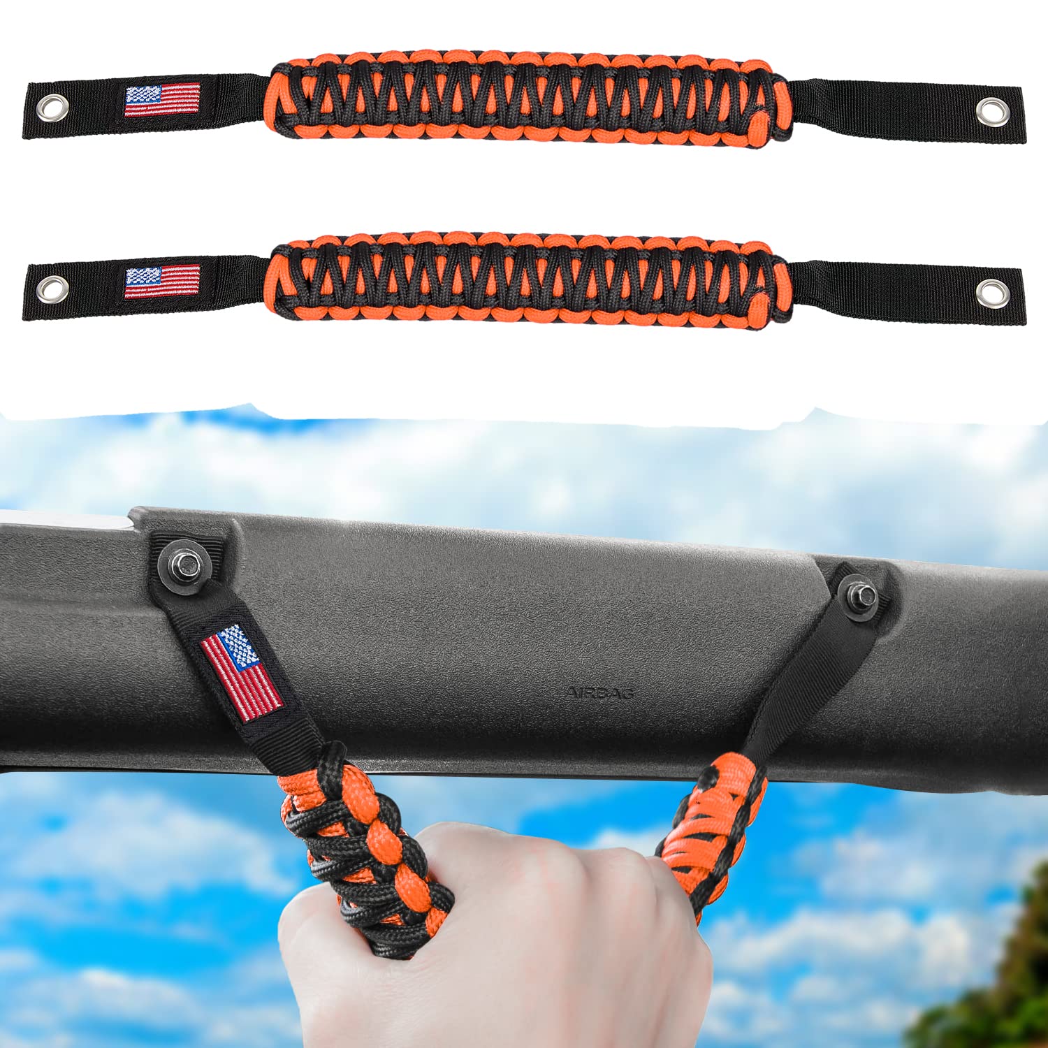 E-cowlboy Roll Bar Grab Handles Paracord Grip Handle for Ford Bronco 2021 2022 2023 2-Door 4-Door Interior Accessories Premium Paracord US Flag (Orange 2 Pack)