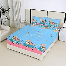 Kids Cotton Blend Flat Bedsheet for Double Bed with 2 Pillow Covers | 90 x 100 Inches (Sky Blue & Pink)
