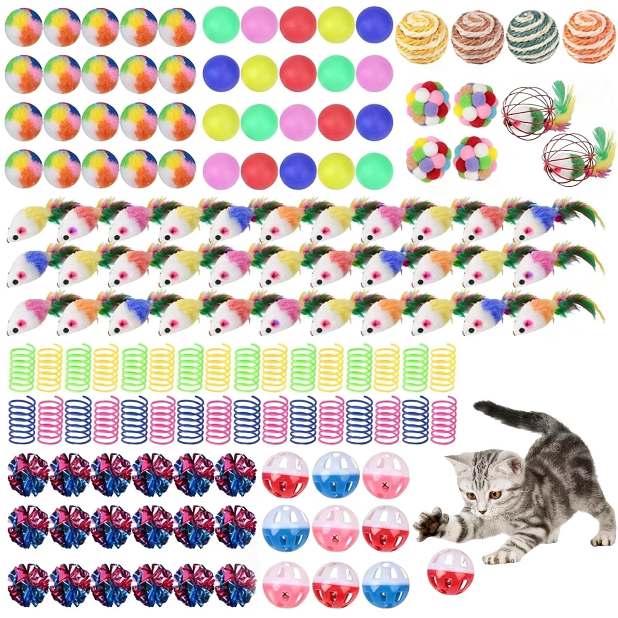ADVPDKD 150 Packs Cat Toys Variety Pack for Indoor Cats, Interactive Cat Toys with Cat Mouse Toy, Colorful Springs,Color Bell Balls,Crinkle,Sisal,Pompom Fun Enrichment for Indoor Cats and Kittens