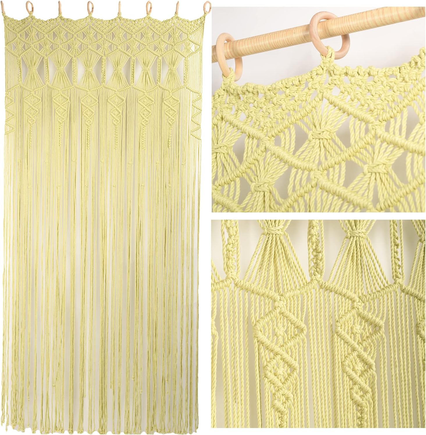 Macrame Beaded Curtains for Doorways, Door Window Curtains, Macromay Wall Decor, Macrame Curtain Panel, Macrame Door Curtains Boho Wedding Decor, Macrame Wedding Backdrop, 35" x 77", Wood Ring