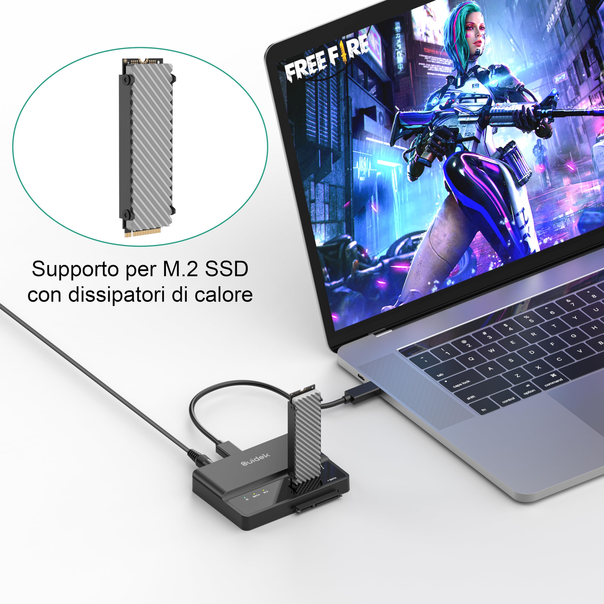 SUIDEK Custodia SSD NVMe, Adattatore USB a M.2 e SATA da 10 Gbps, Lettore Dischi Rigidi Esterni PCIe NVMe, Compatibile con M.2 (chiave M e chiave M+B) Qualsiasi Dimensione e SSD/HDD SATA da 2,5"/3,5"