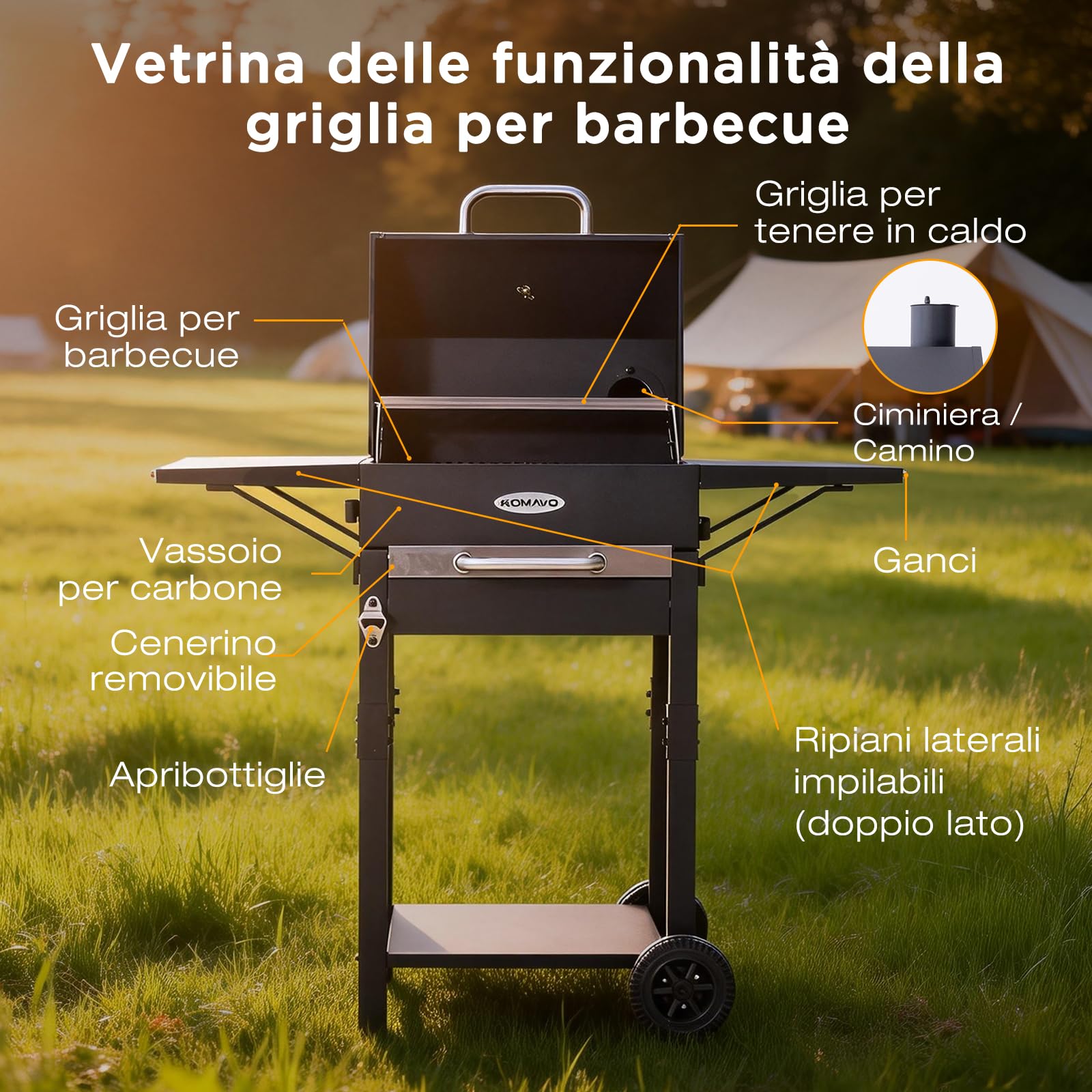 Barbecue a Carbonella, Barbecue con Coperchio, Superficie Cottura: 45×32 cm, Vassoio Carbone Regolabile in Altezza, Tavolino Laterale