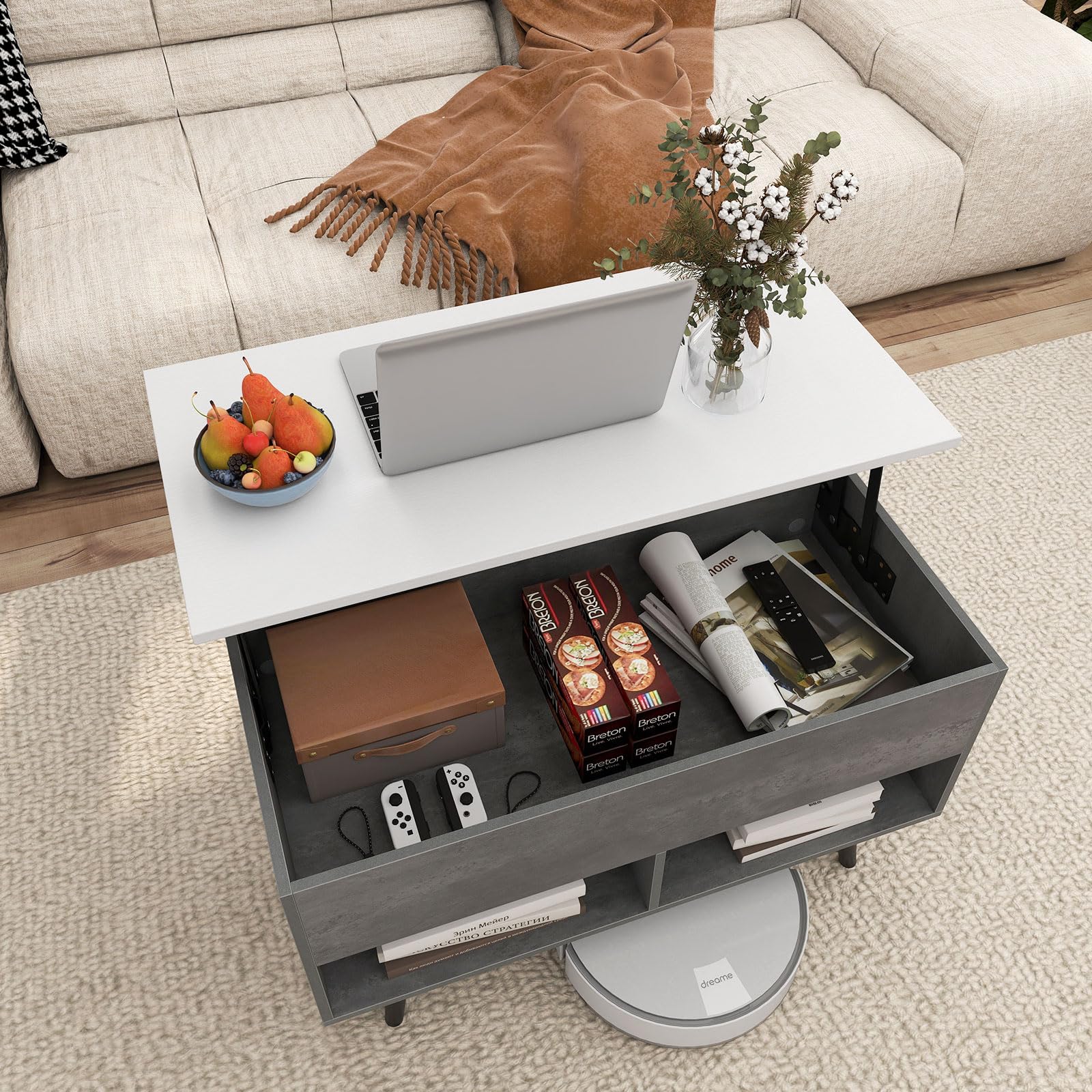 LIFEZEAL Tavolino Salotto Sollevabile, Tavolino Basso da Caffè, Soggiorno, Moderno, Salvaspazio, con Piano Elevabile, Gambe in Legno Massello, Contenitore, 2 Scomparti, 80x40x44,5-58cm (grigio)