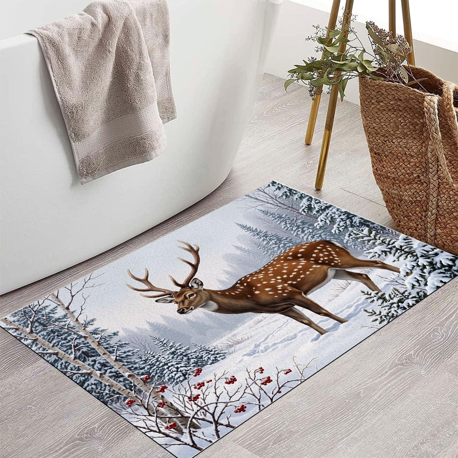 60X90Cm Zerbino Ingresso Interno Antiscivolo Assorbente, Tappeto Microfibra Sottile Lavabile Con Renna Delle Nevi Invernali Animali Della Foresta Nordica Per Cucina Bagno Porta Animali, Bianco