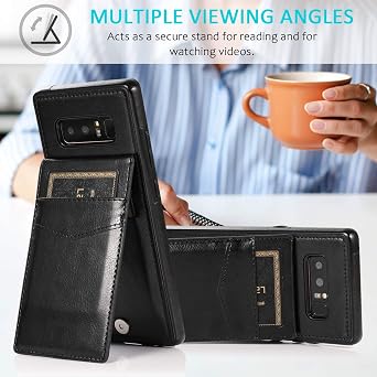 Phone Case for Samsung Galaxy Note 8 with Tempered Glass Screen Protector and Credit Card Holder Wallet Cover Stand Leather Cell Accessories Glaxay Note8 Not S8 Galaxies Gaxaly Cases Women Men Black