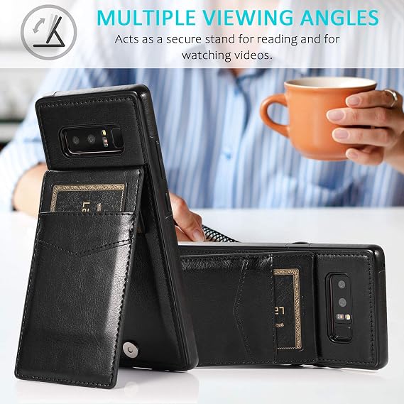 Phone Case for Samsung Galaxy Note 8 with Tempered Glass Screen Protector and Credit Card Holder Wallet Cover Stand Leather Cell Accessories Glaxay Note8 Not S8 Galaxies Gaxaly Cases Women Men Black
