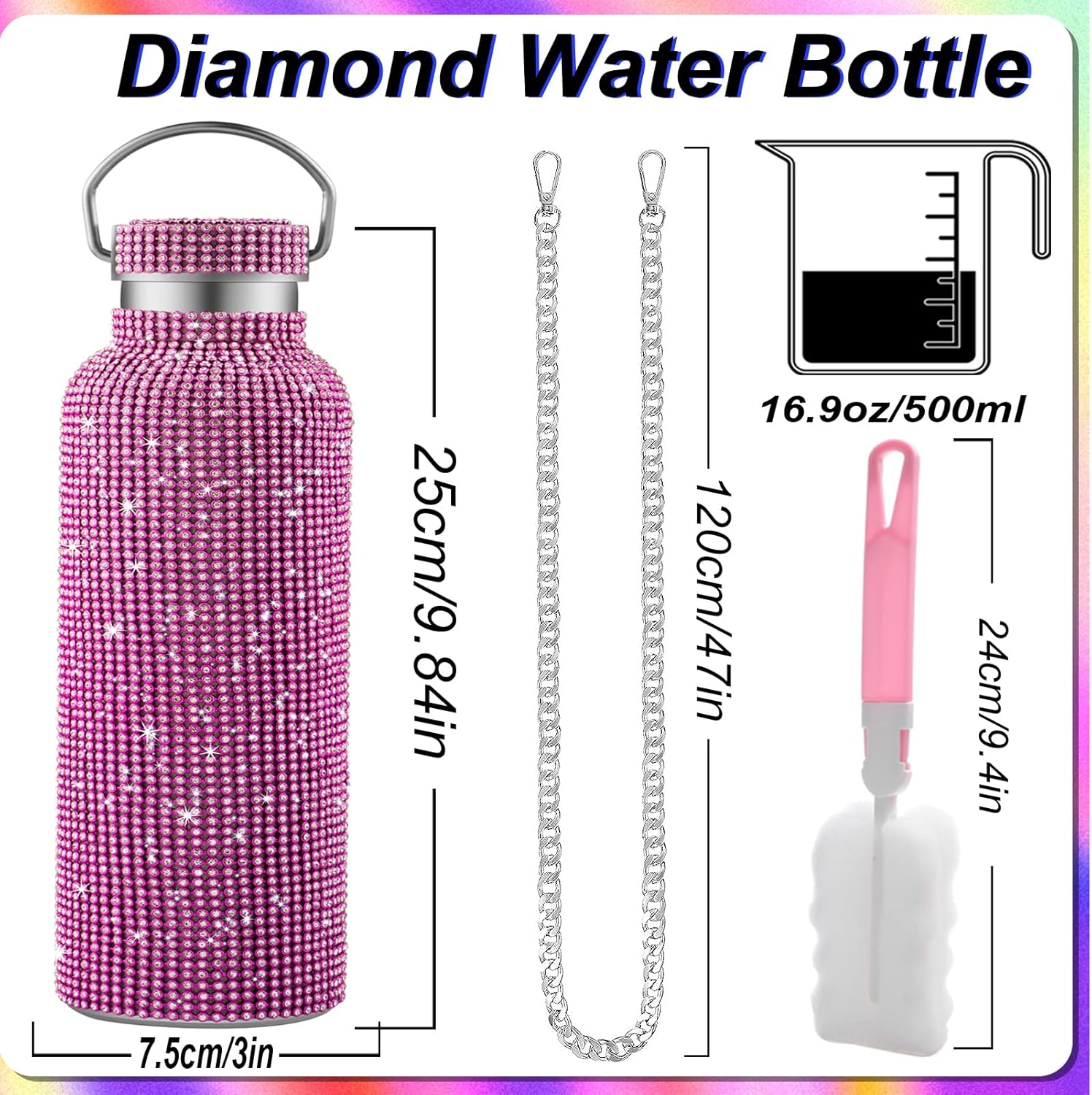 Bling Water Bottle Rhinestone,Diamond Cup,Glitter Stainless Steel Thermal Bottle with 55In Chain,Sparkly Gifts for Girls Women,Rhinestone Tumbler for Anniversary,Birthday(Pink)
