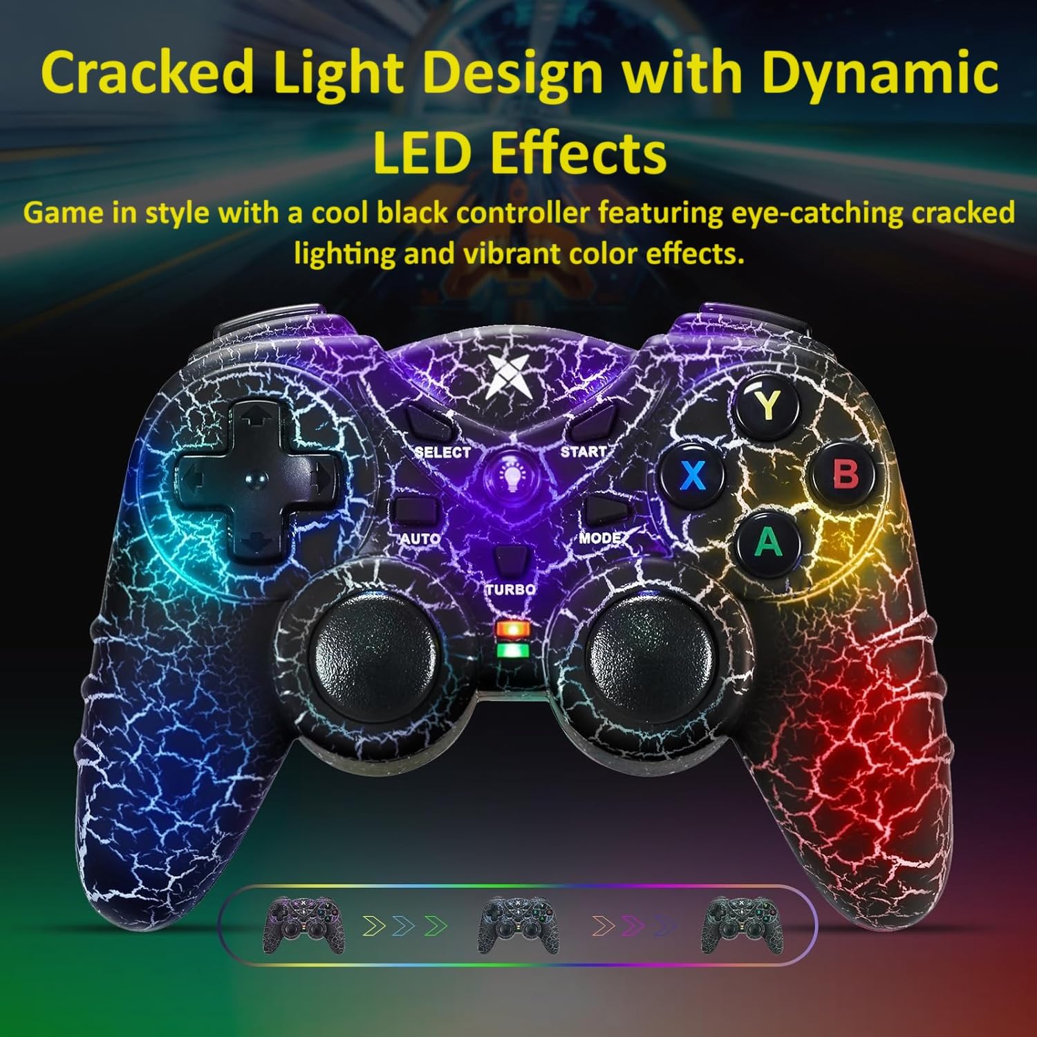 NBCP Light-Up Wireless Controller for PC - Black Crack Custom Design with RGB LED Lights, Turbo Function, Luminous Mode, Compatible with Windows 7/8/10/11 & Steam