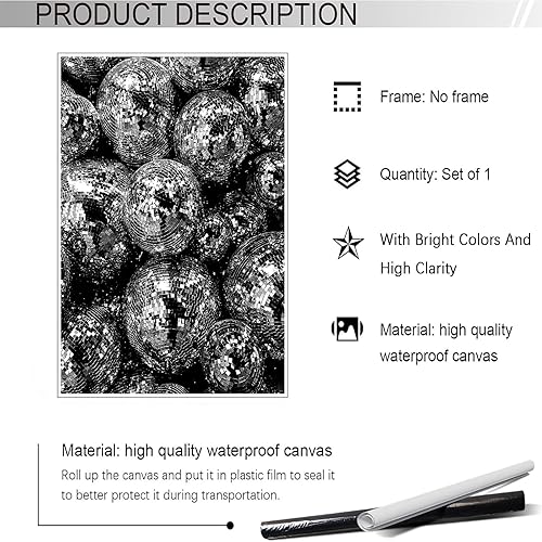 Miniatura 2 de Póster de lona de moda con bola de discoteca en blanco y negro de los años 70, decoración de pared para sala de estar, bar, carrito, decoración de