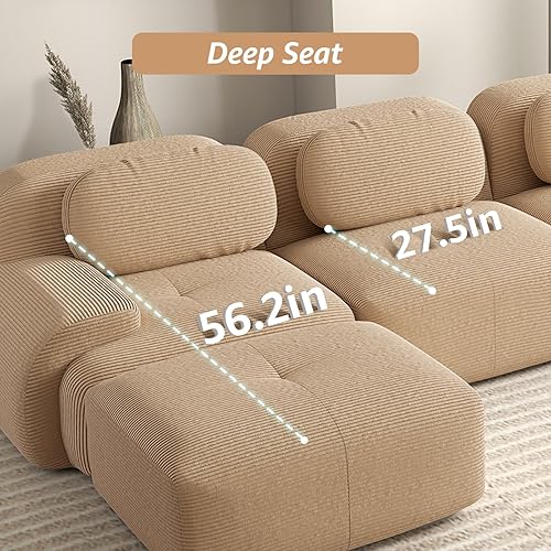 Miniatura 5 de Sofá biplaza moderno de 80 pulgadas para sala de estar, sofá modular de pana con asiento profundo, sofá biplaza camello con 1 otomana, sofás para
