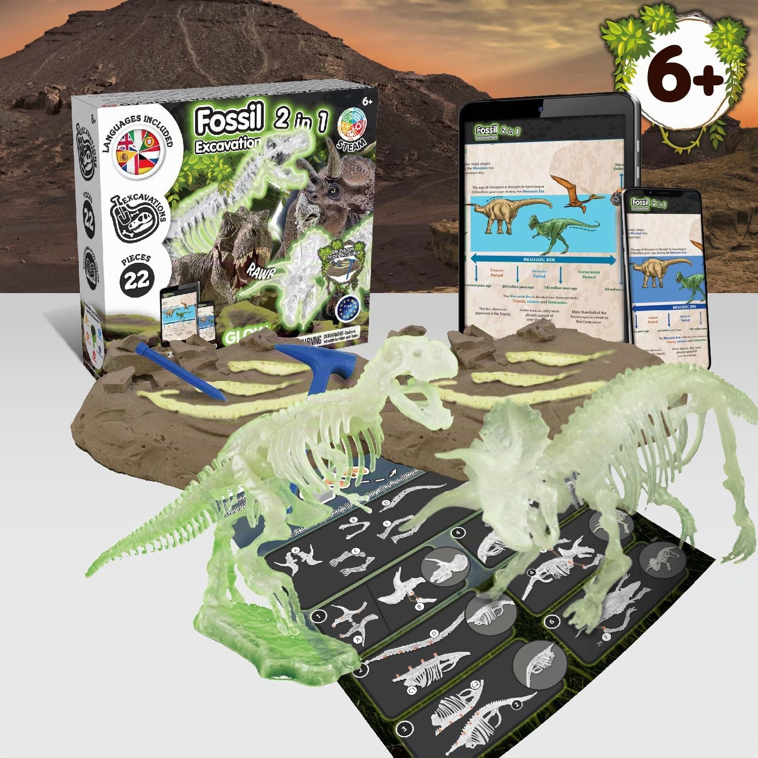 Science4you Kit de Fouille de Fossiles 2 en 1 - Excaver et Assembler 2 Dinosaures Qui Brille dans l'Obscurité, 22 pièces: T-Rex et Triceratops