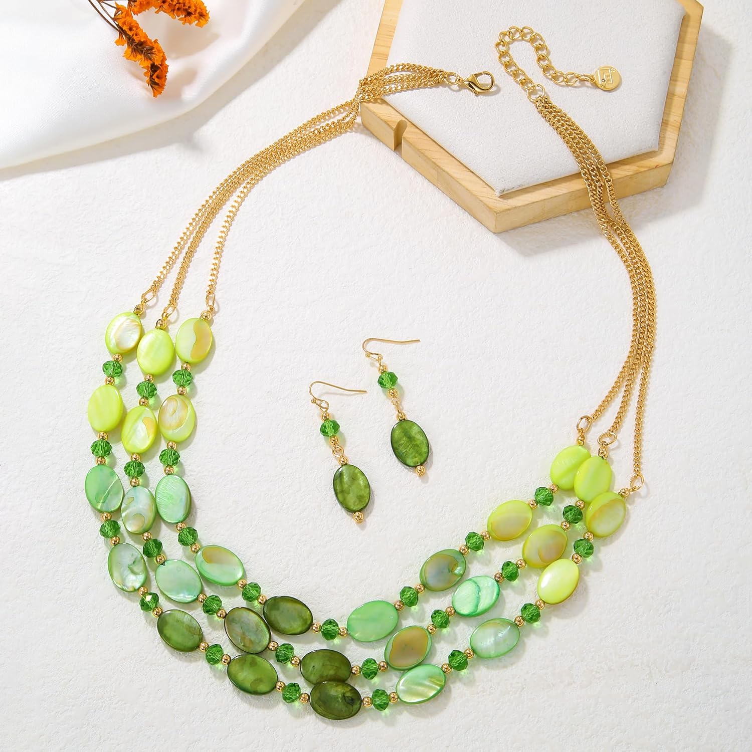 Firstmeet 3-Layer Mother of Pearl Beads Necklace with Earrings Oval Beads Pendant Jewelry for Women - Image 4