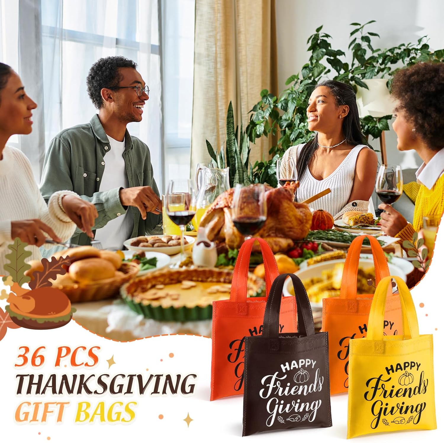Sweetude 36 Sets Friendsgiving Gift Bags Reusable Non Woven Bags with Handles Happy Friendsgiving Totes for Friends Thanksgiving Party Favors - Image 7