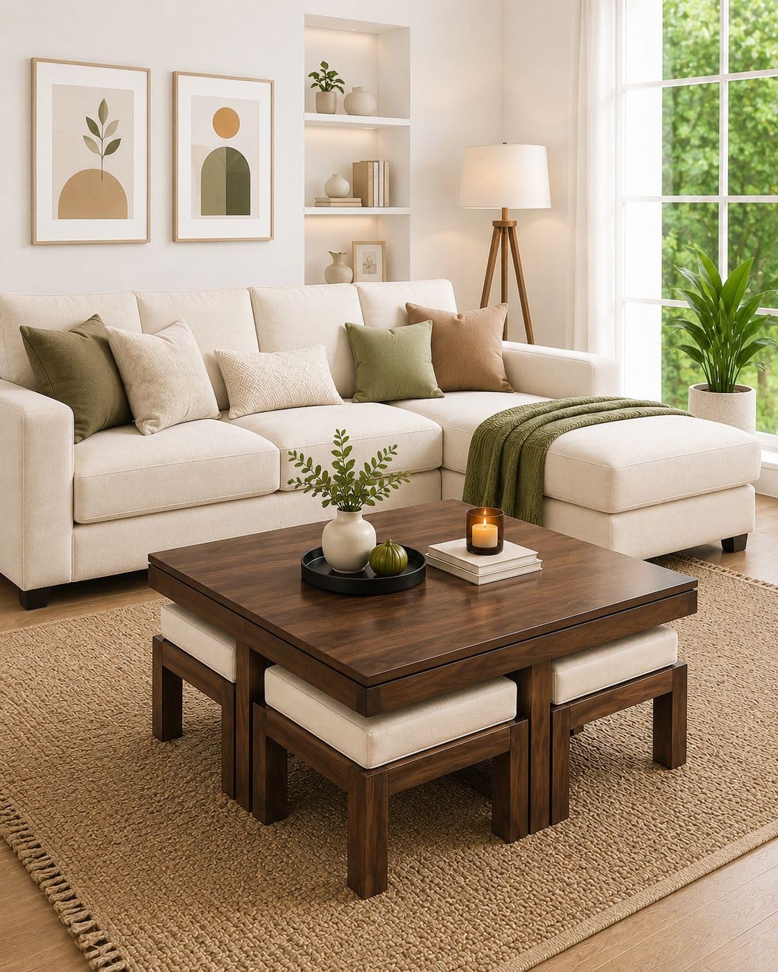 AASALIYA Art Solid Sheesham Wood Coffee Table with 4 Stool | Square Centre Table with Stool | Center Table with 4 Stools for Living Room | Patio Table with 4 Puffy for Home | Rosewood, Brown Espresso