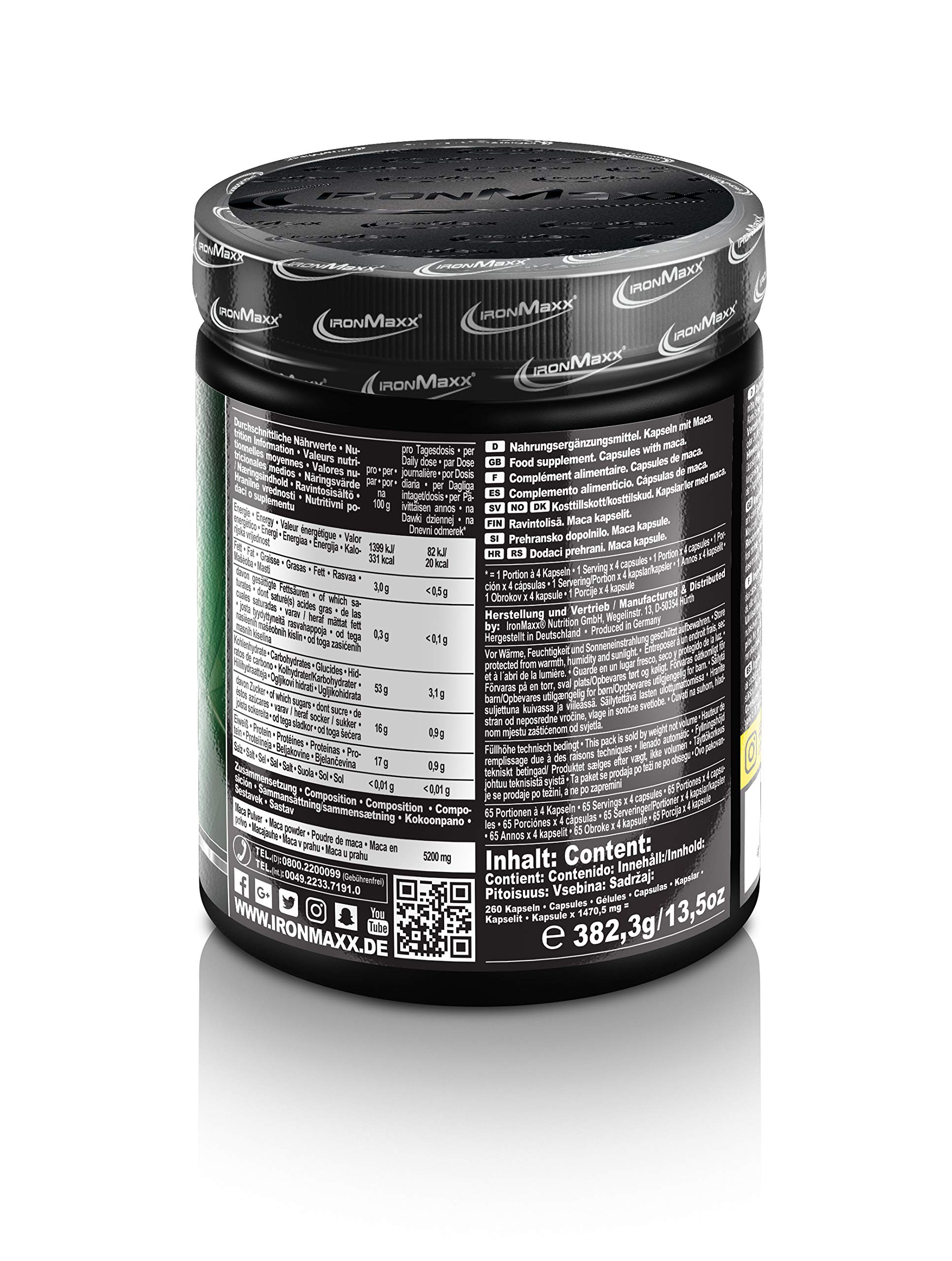 IronMaxx Maca Origin – Hochdosierte Maca Kapseln 260 Stück | 1300 mg Reiner Maca Extrakt aus Peru | Vegan, Pflanzlich & Premium Qualität
