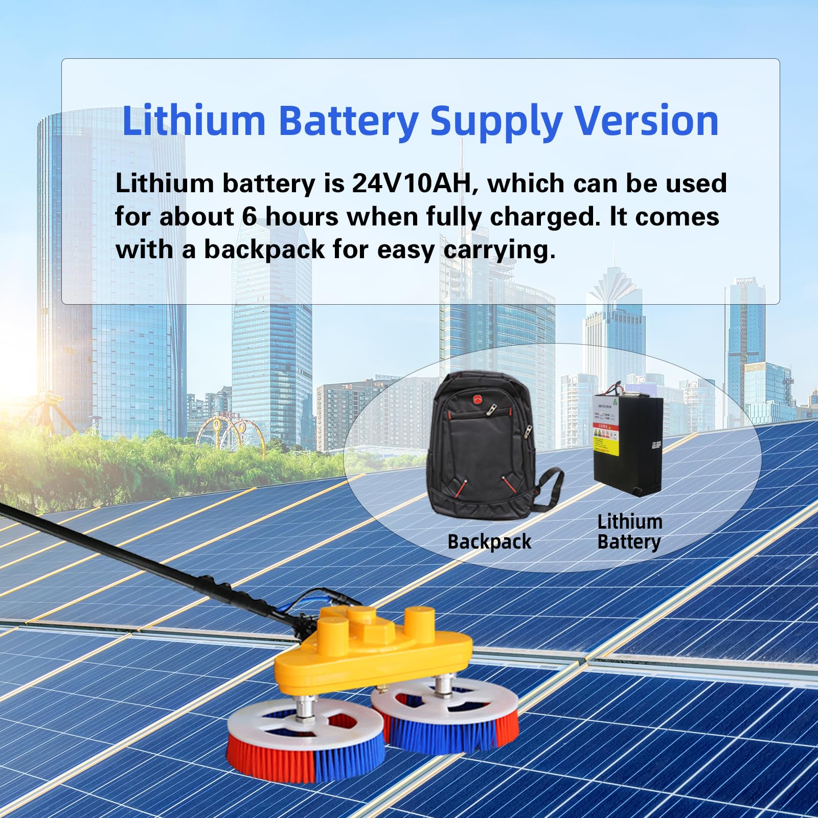 Limpiadora de Paneles Solares | Cabezal de Cepillo de Doble Rotación・Sistema de Suministro de Agua | Limpiadora de Paneles Solares para Alturas (7.5m - Versión con Batería)