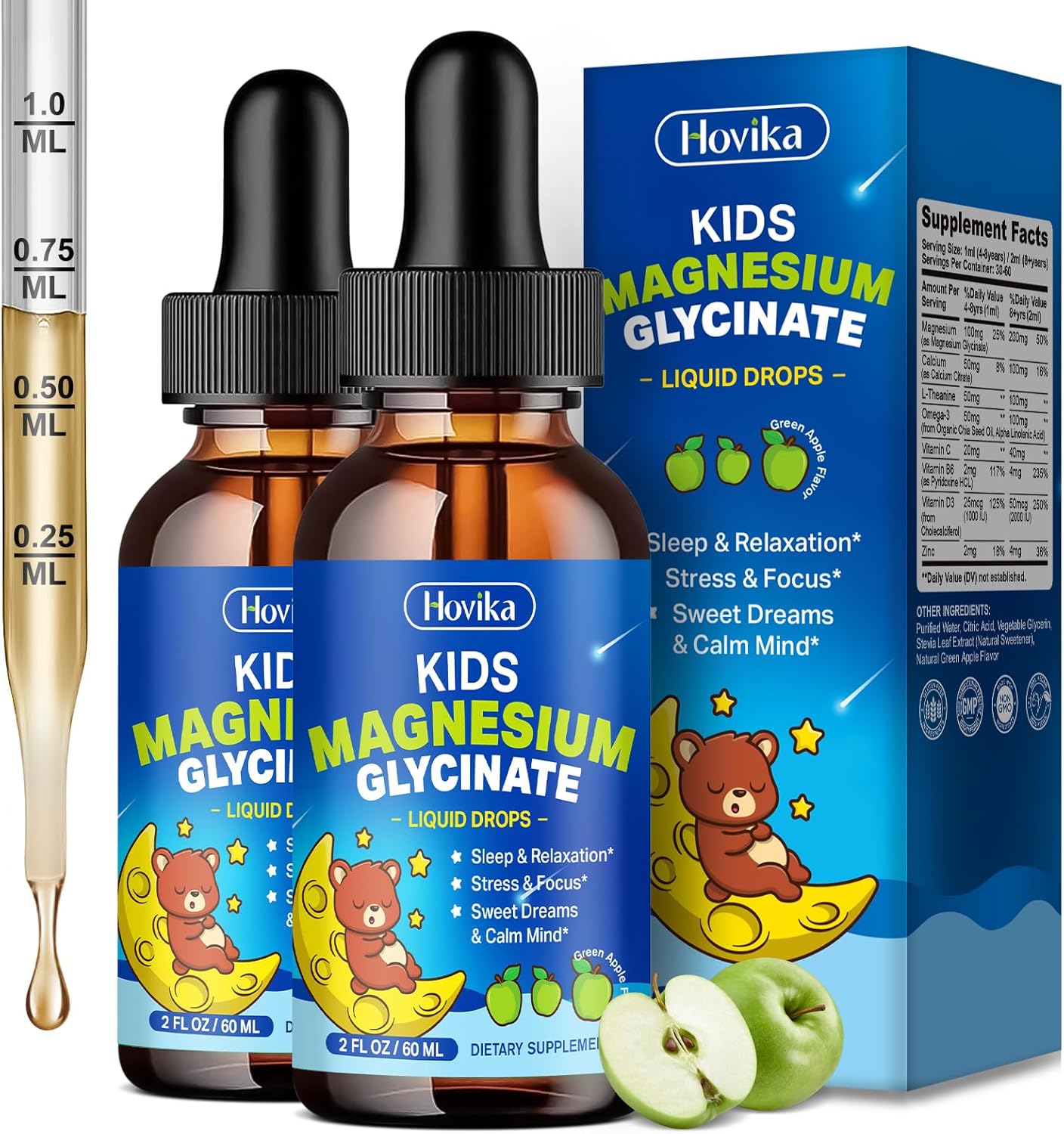 2 Pack Magnesium Liquid for Kids - with L-Theanine Omega-3, Vitamin B6, D3, Zinc - Kids Magnesium Glycinate Drops for Sleep, Relaxation, Calm & Focus - Green Apple Flavor