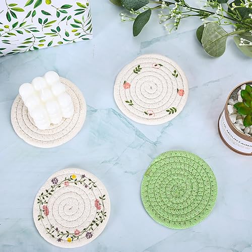 Miniatura 5 de Whaline Juego de 4 posavasos florales hechos a mano de algodón trenzados, color verde y blanco, antideslizantes, absorbentes, con soporte para