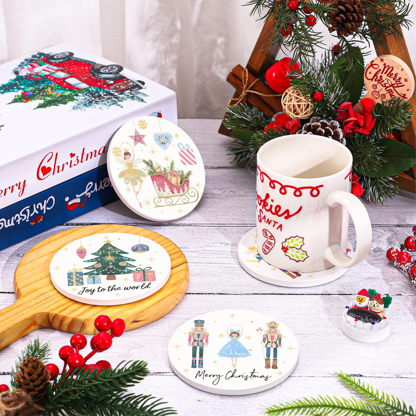 Amazon.com | Whaline 4Pcs Christmas Ceramic Coasters Drink