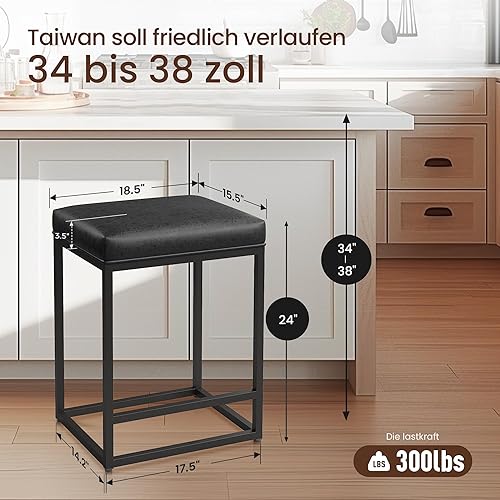 Miniatura 9 de ALPHA HOME Juego de 3 taburetes de bar de 24 pulgadas de altura de mostrador de piel sintética con cojín cuadrado sin espalda silla de cocina